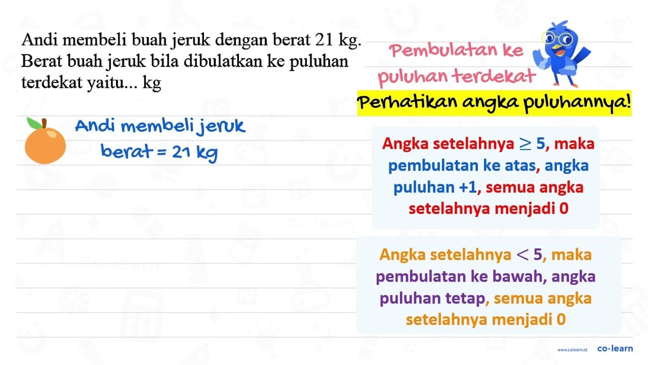 Andi membeli buah jeruk dengan berat 21 kg . Berat buah