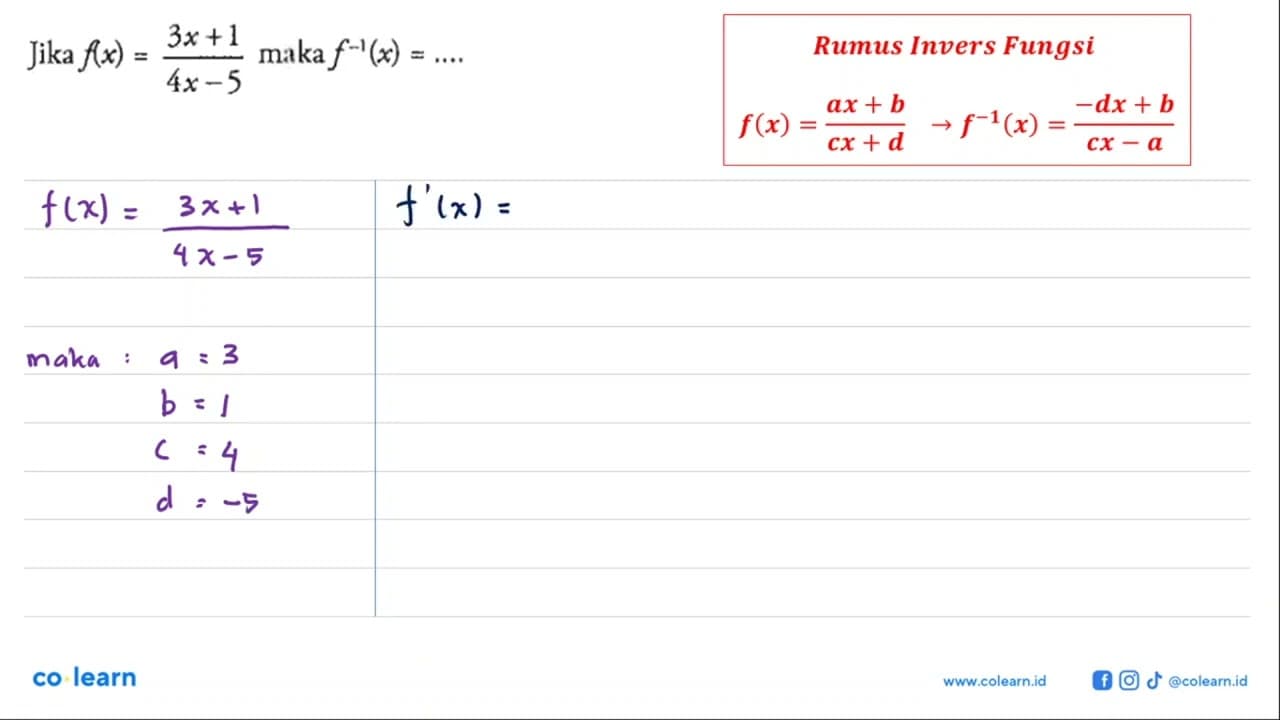 Jika f(x)=(3x+1)/(4x-5) maka f^(-1)(x)=...