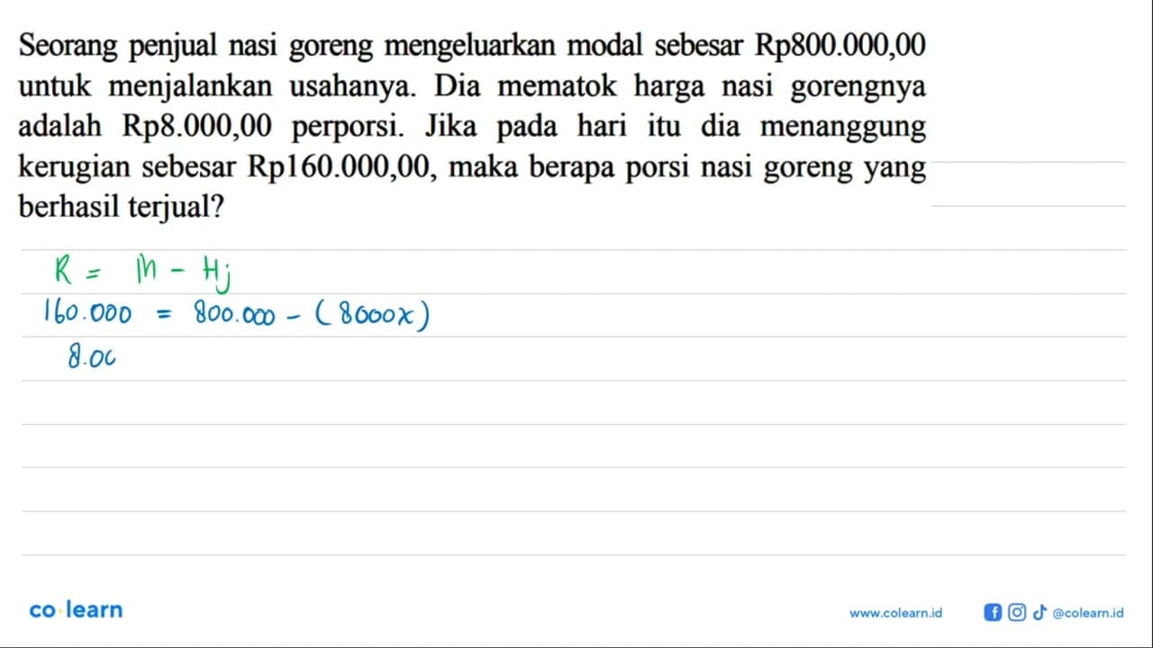 Seorang penjual nasi goreng mengeluarkan modal sebesar