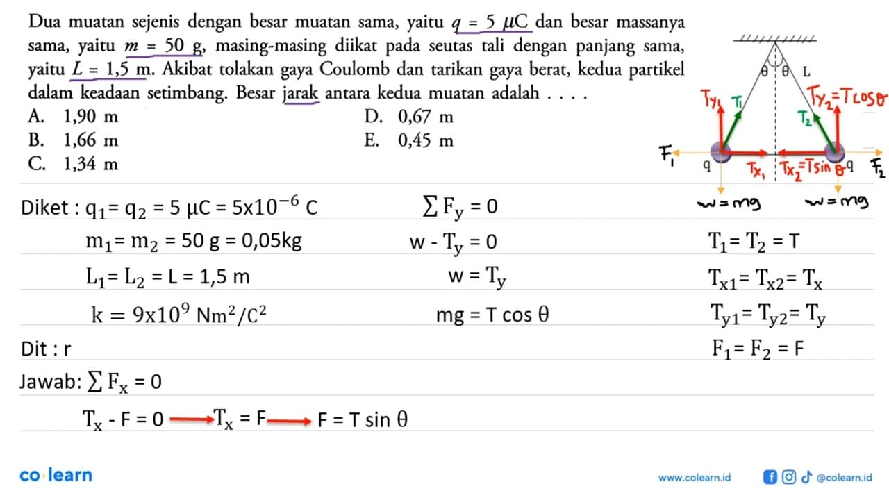 Dua muatan sejenis dengan besar muatan sama, yaitu q=5 mu C