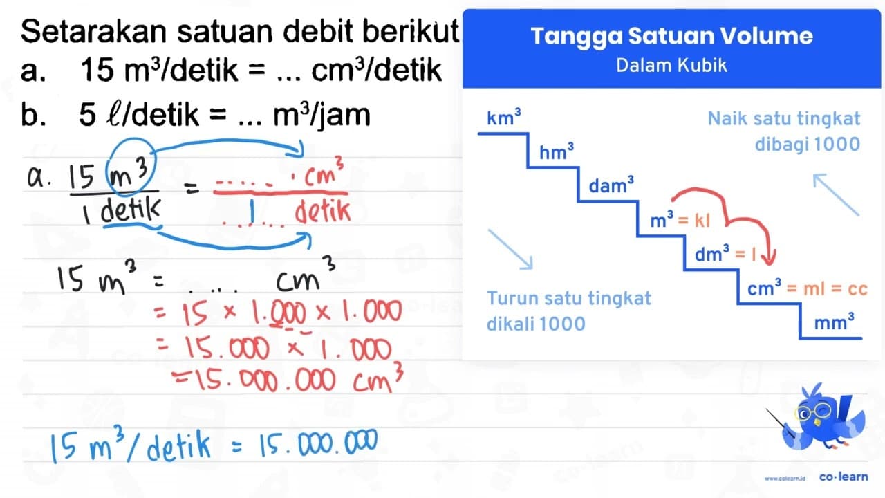 Setarakan satuan debit berikut. a. 15 m^3 / detik =... cm^3