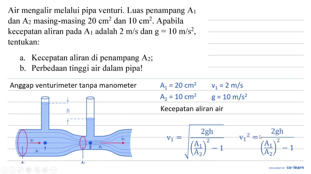 Air mengalir melalui pipa venturi. Luas penampang A1 dan A2