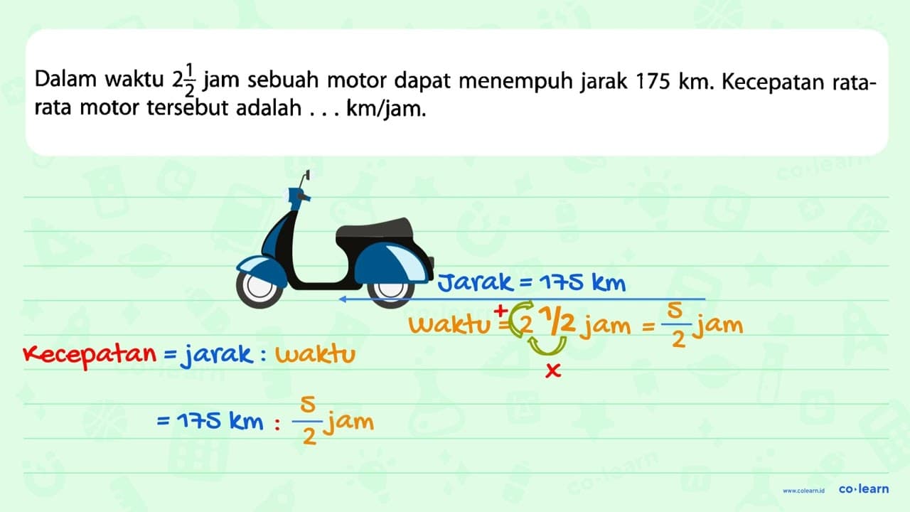 Dalam waktu 2 1/2 jam sebuah motor dapat menempuh jarak 175