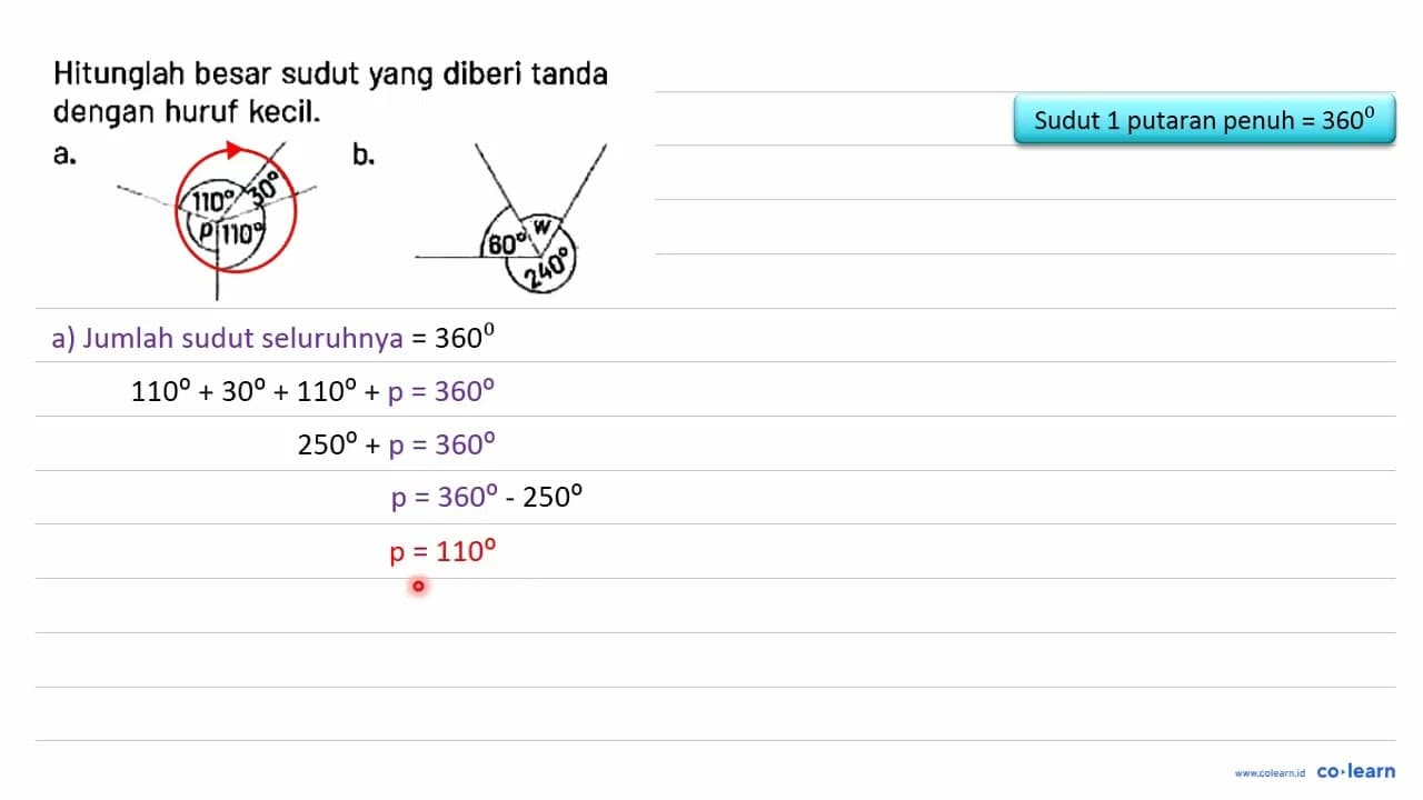 Hitunglah besar sudut yang diberi tanda dengan huruf kecil.