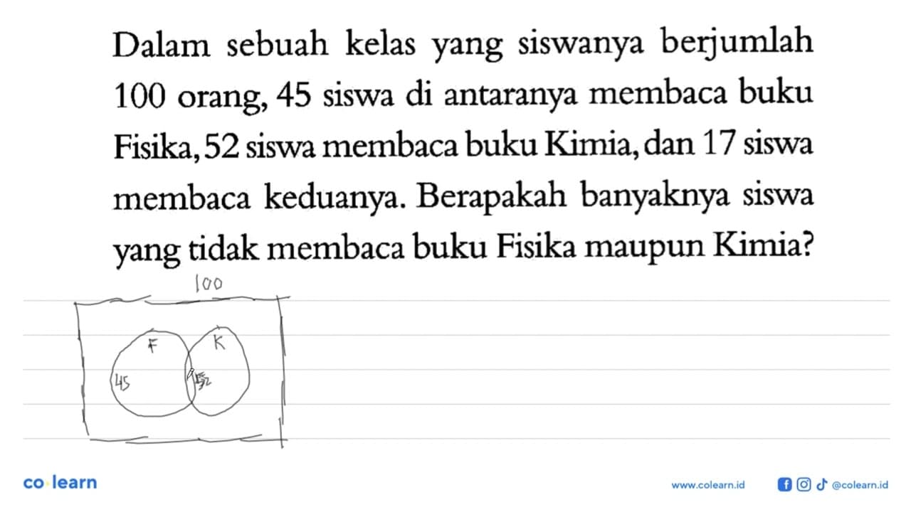 Dalam sebuah kelas yang siswanya berjumlah 100 orang, 45