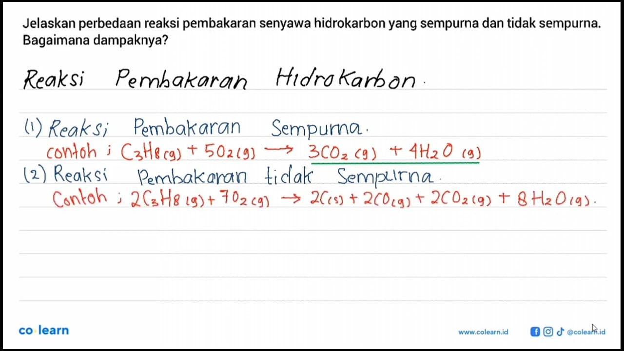 Jelaskan perbedaan reaksi pembakaran senyawa hidrokarbon