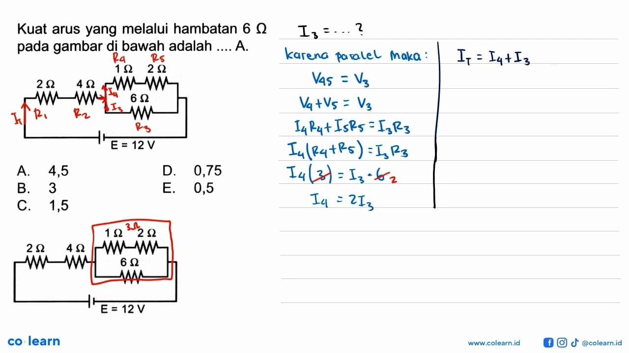 Kuat arus yang melalui hambatan 6 Ohm pada gambar di bawah