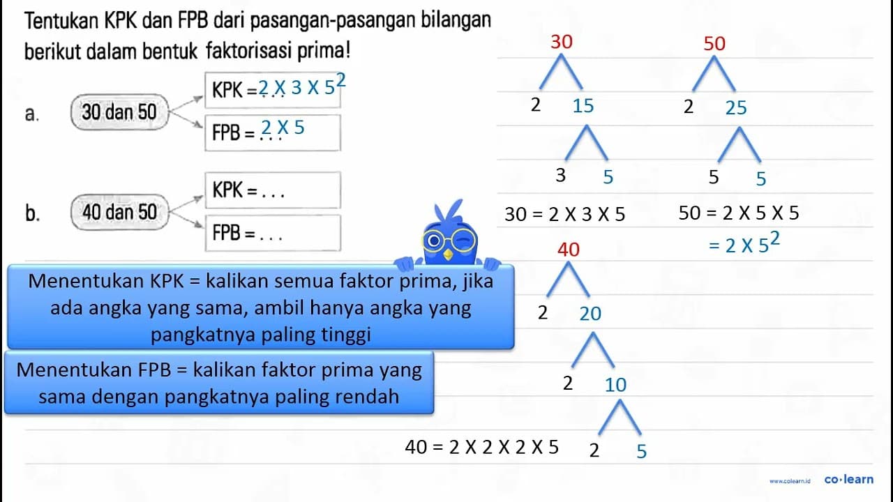 Tentukan KPK dan FPB dari pasangan-pasangan bilangan