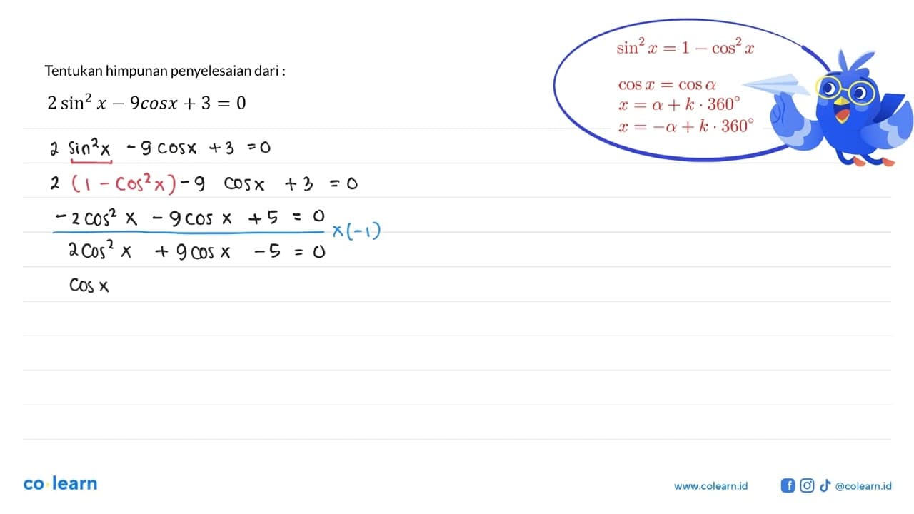 2sin^2 x-9cos x+3=0