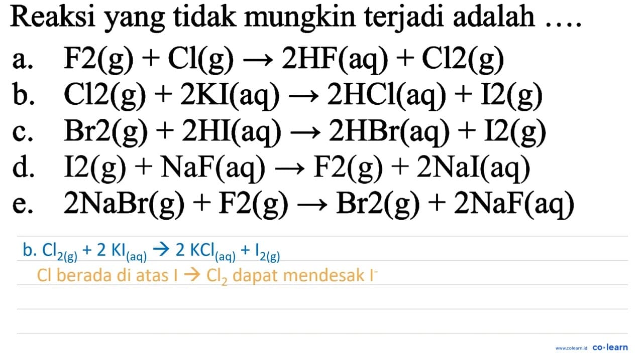 Reaksi yang tidak mungkin terjadi adalah .... a. F