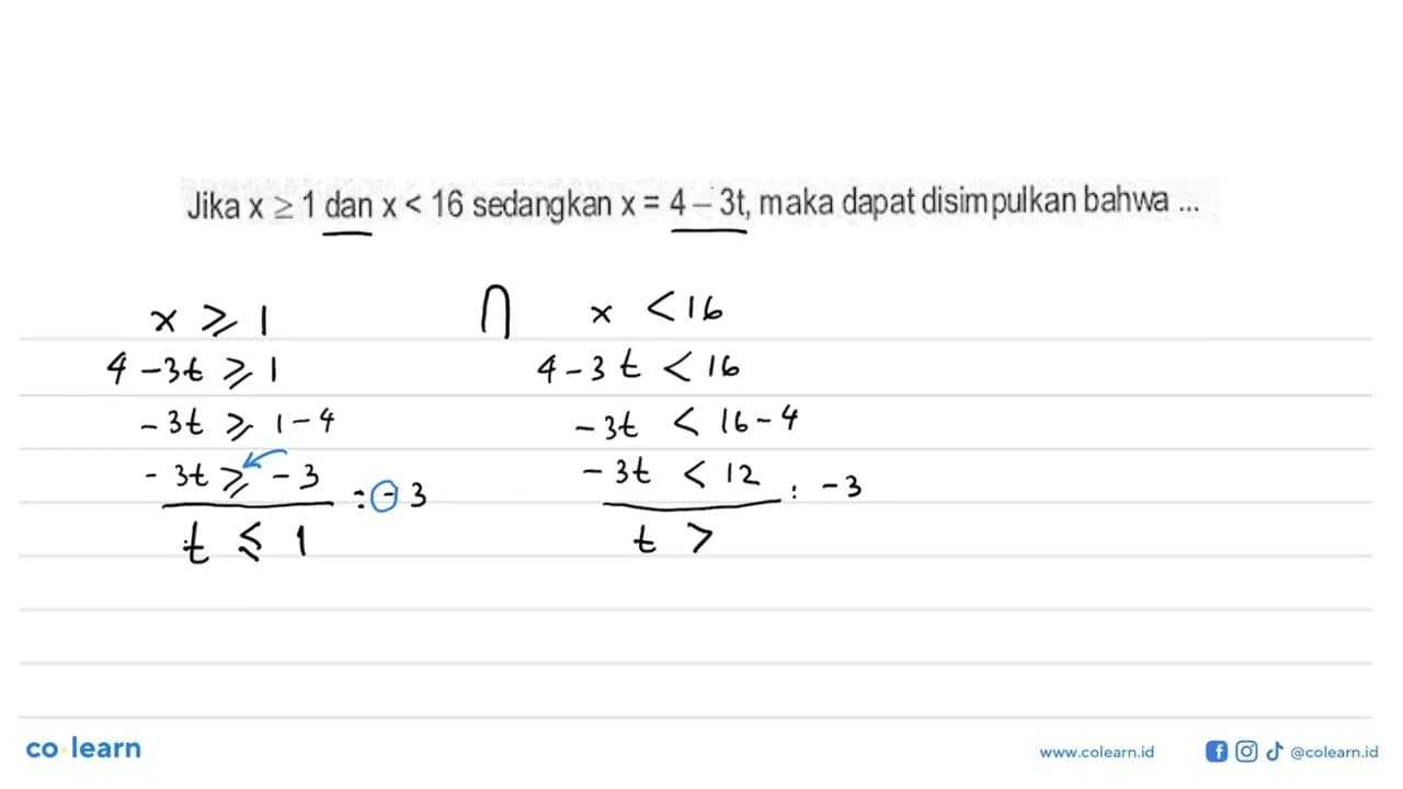 Jika x >= 1 dan x < 16 sedangkan x = 4 - 3t, maka dapat