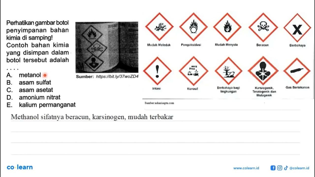 Perhatikan gambar botol penyimpanan bahan kimia di samping!