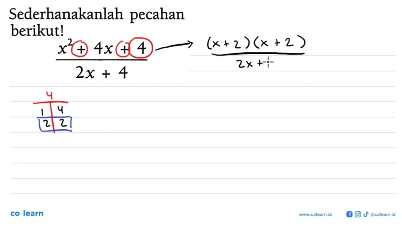 Sederhanakanlah pecahan berikut! (x^2 + 4x + 4)/(2x + 4)