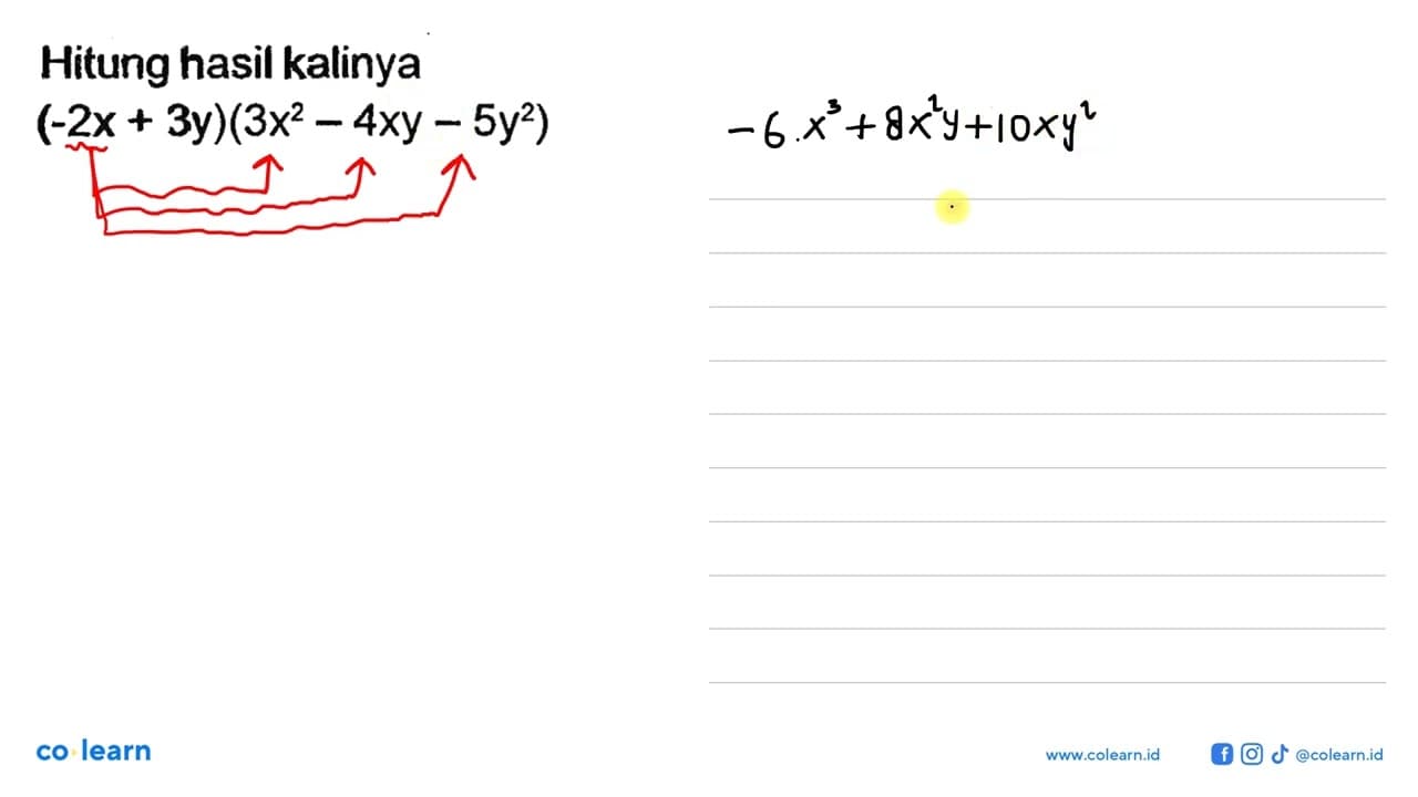 Hitung hasil kalinya (-2x + 3y)(3x^2 - 4xy - 5y^2)