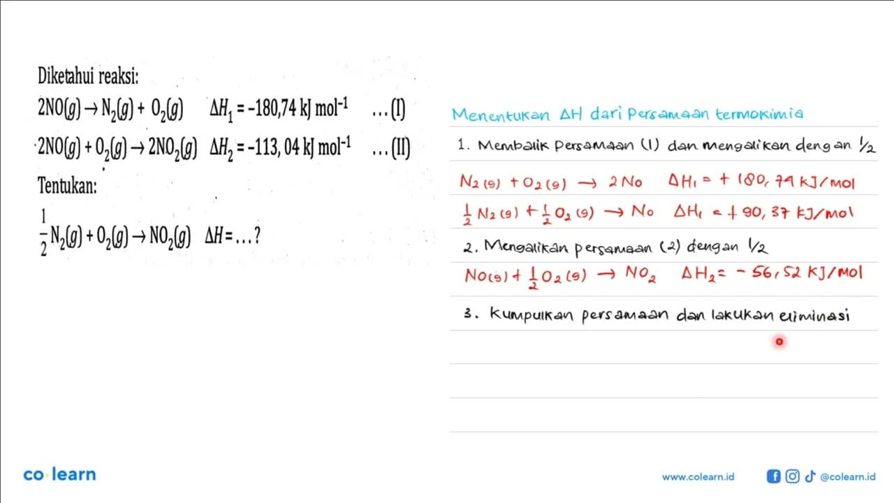 Diketahui reaksi: 2 NO (g) -> N2 (g) + O2 (g) delta H1 =