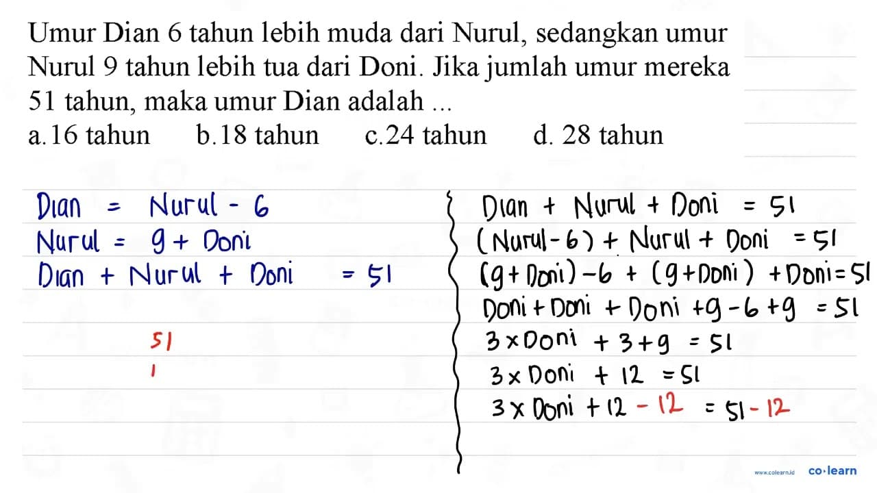 Umur Dian 6 tahun lebih muda dari Nurul, sedangkan umur