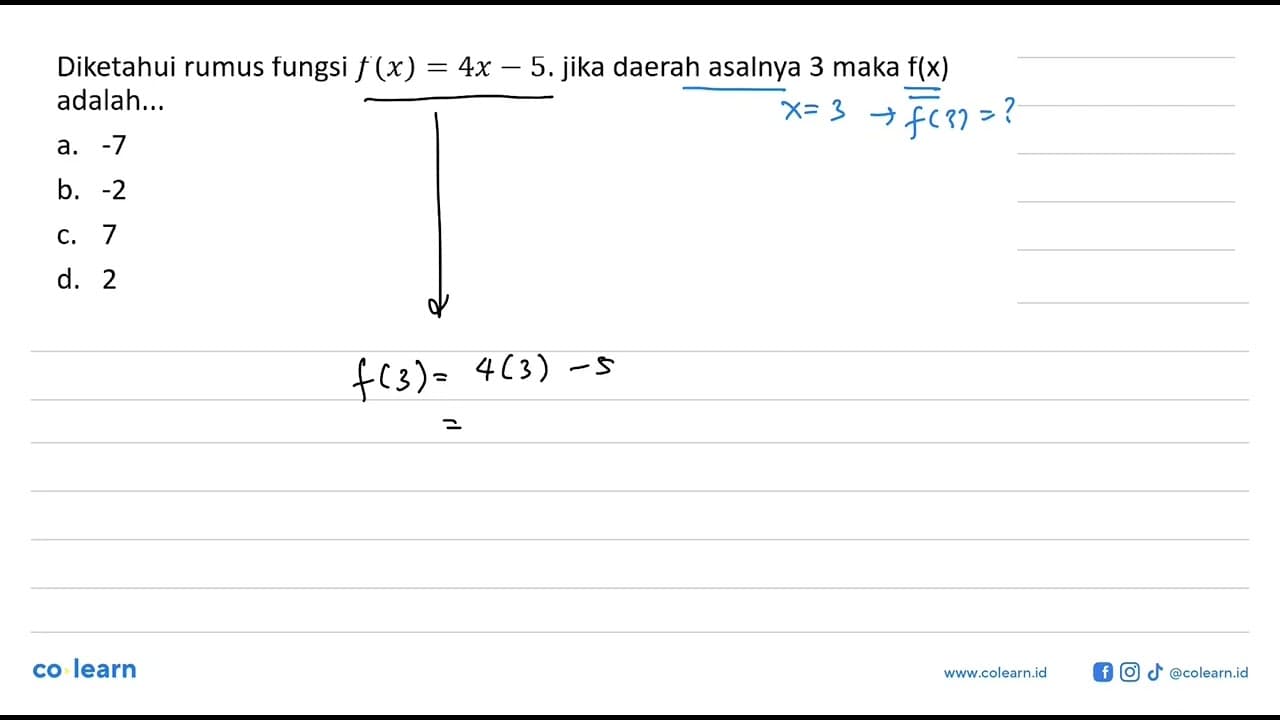 Diketahui rumus fungsi f (x) = 4x -5. jika daerah asalnya 3