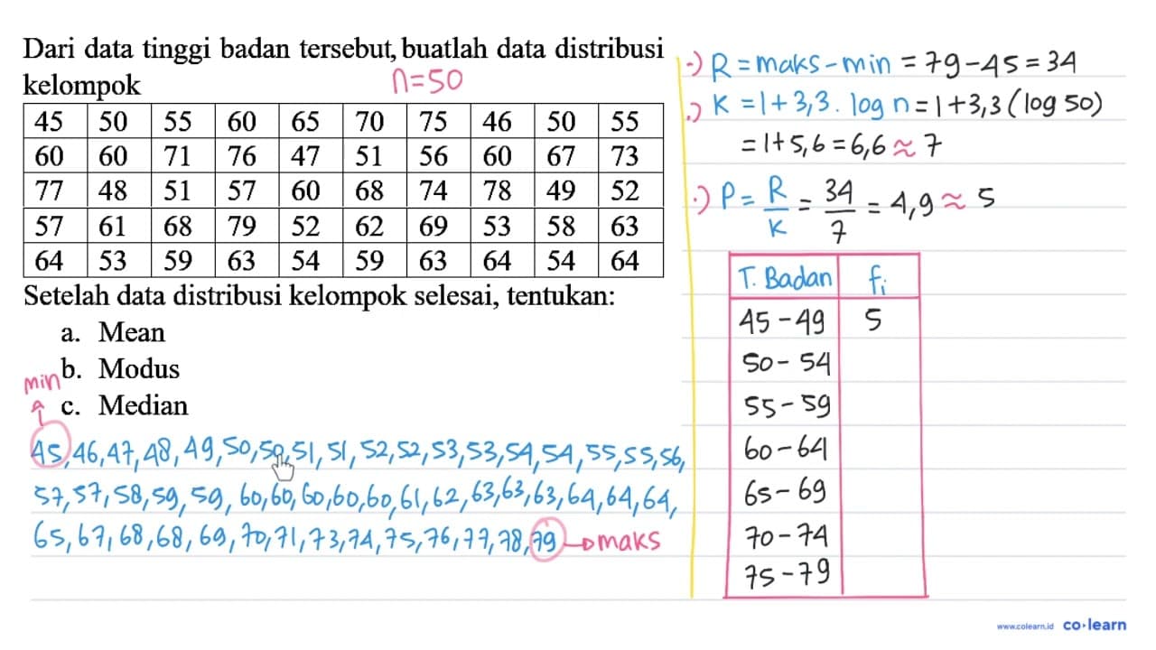 Dari data tinggi badan tersebut, buatlah data distribusi