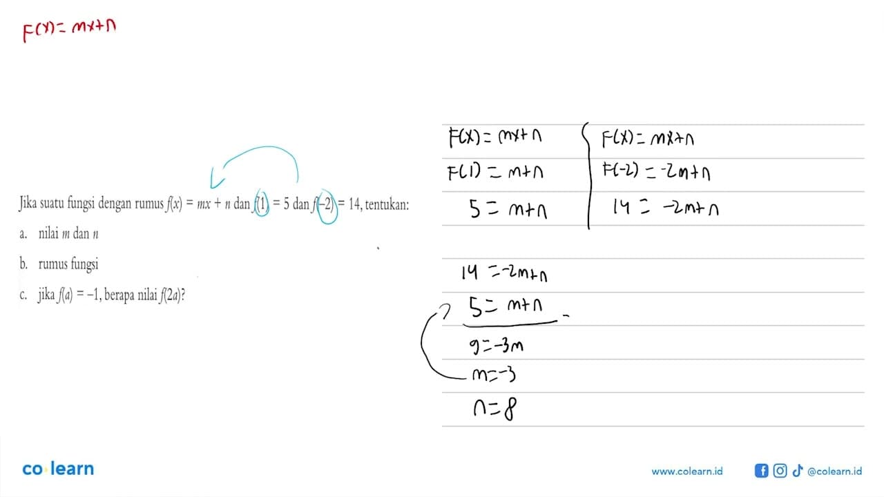 Jika suatu fungsi dengan rumus f(x)=mx+n dan f(1)=5 dan