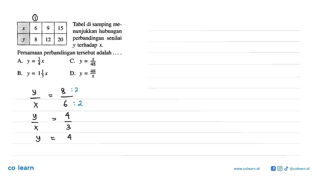 x 6 9 15 y 8 12 20 Tabel di samping menunjukkan hubungan