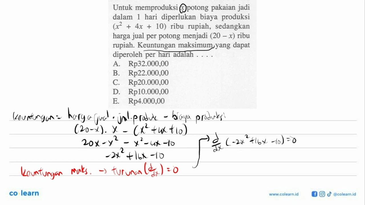 Untuk memproduksi x potong pakaian jadi dalam 1 hari