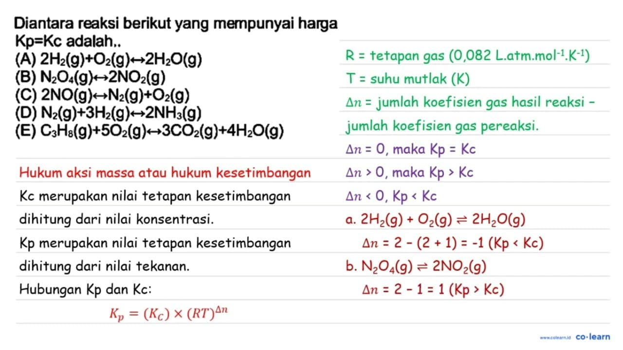 Diantara reaksi berikut yang mempunyai harga Kp=Kc adalah..