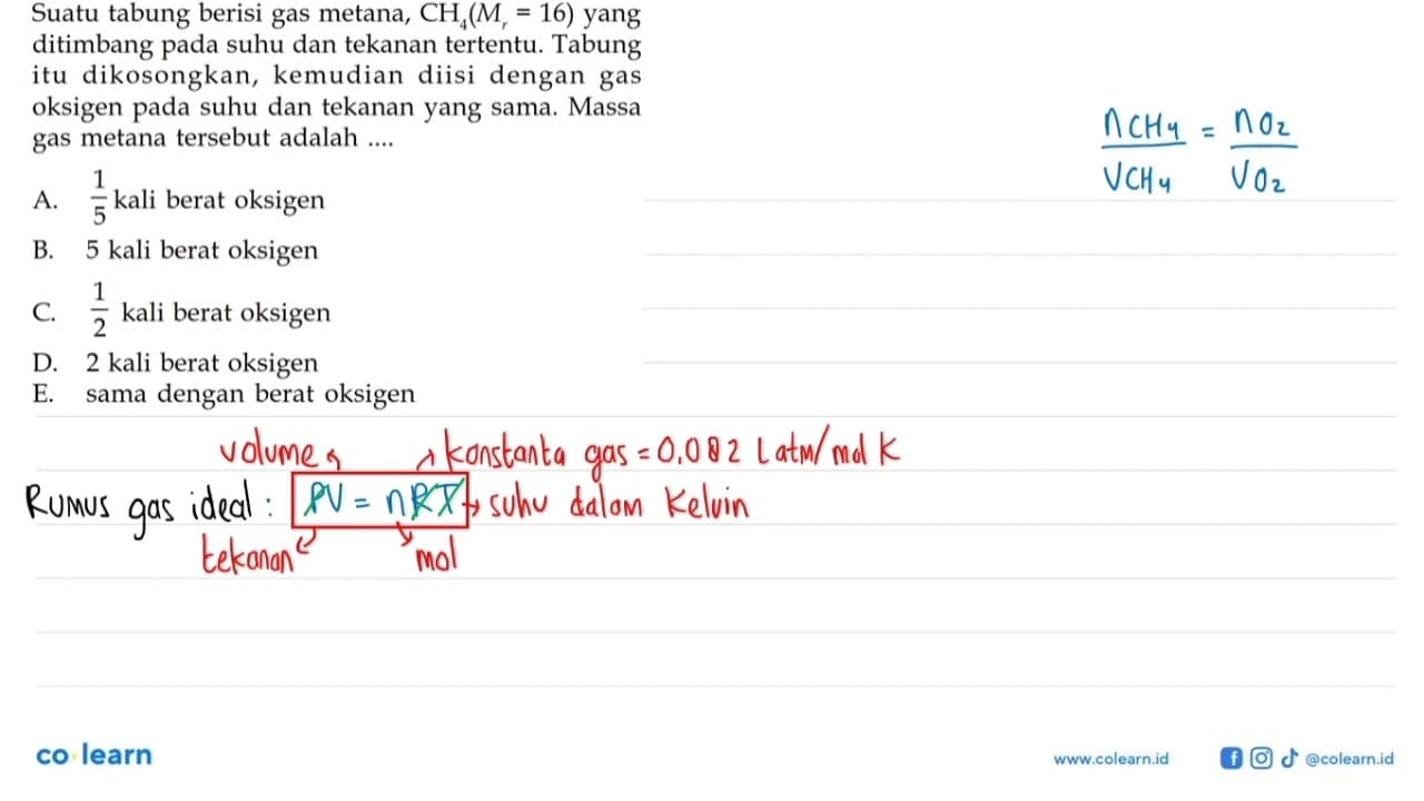 Suatu tabung berisi gas metana, CH4(Mr=16) yang ditimbang