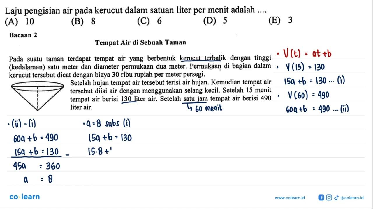 Laju pengisian air pada kerucut dalam satuan liter per