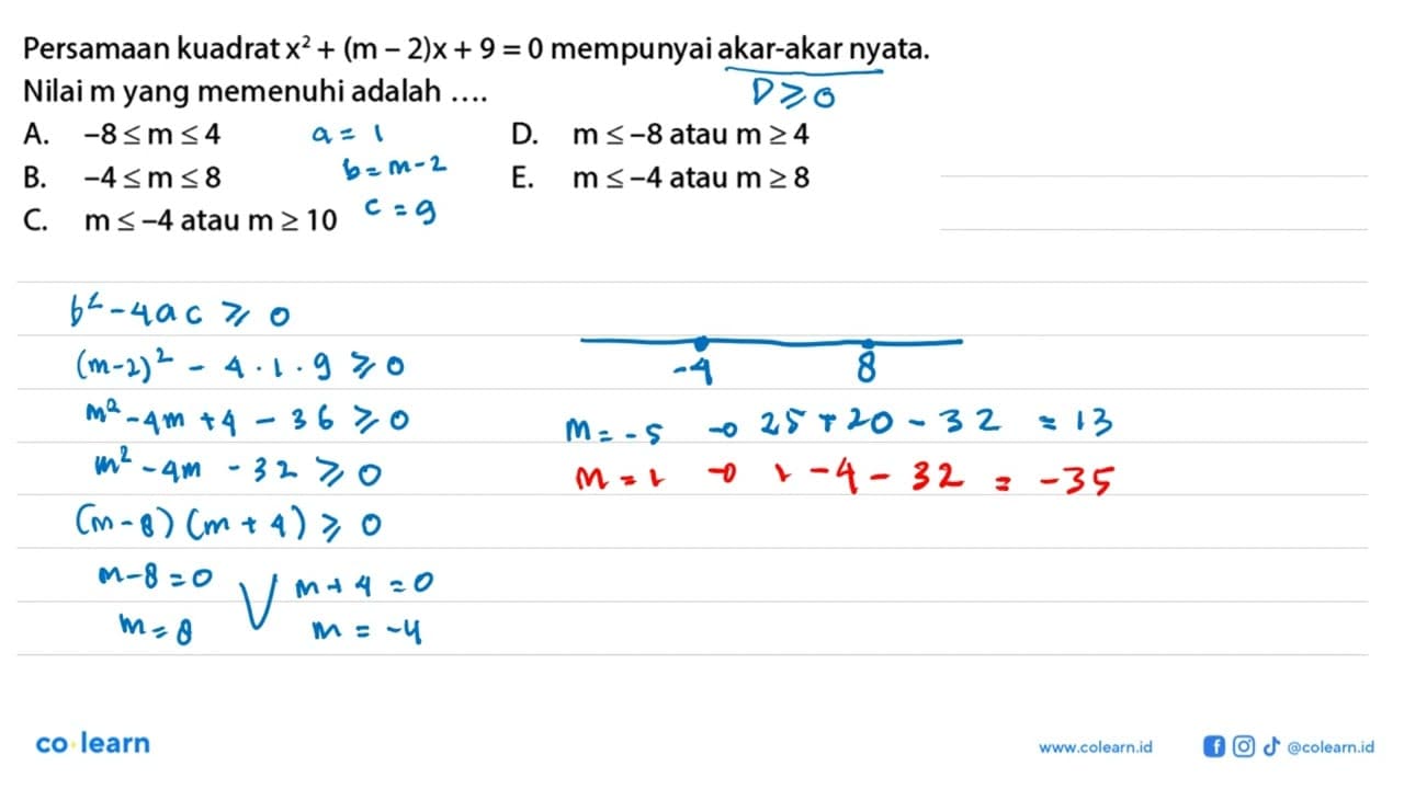 Persamaan kuadrat x^2 + (m - Z)x + 9 = 0 mempunyai