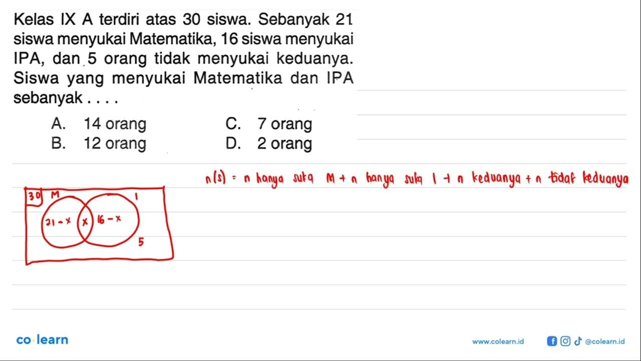 Kelas IX A terdiri atas 30 siswa. Sebanyak 21 siswa