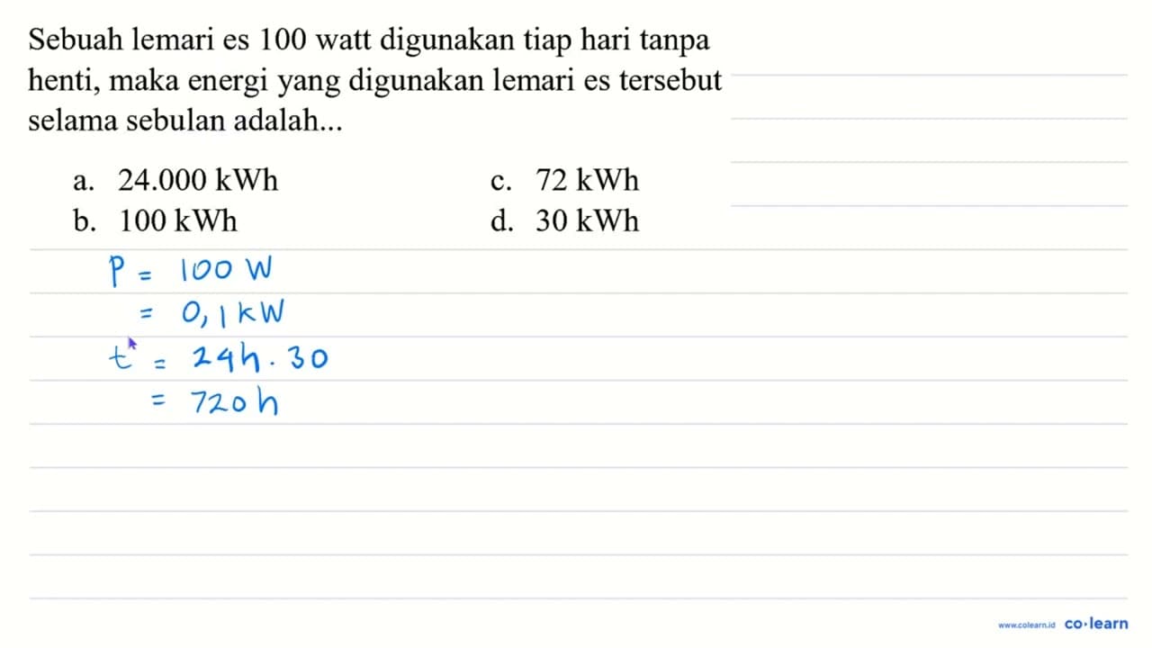 Sebuah lemari es 100 watt digunakan tiap hari tanpa henti,