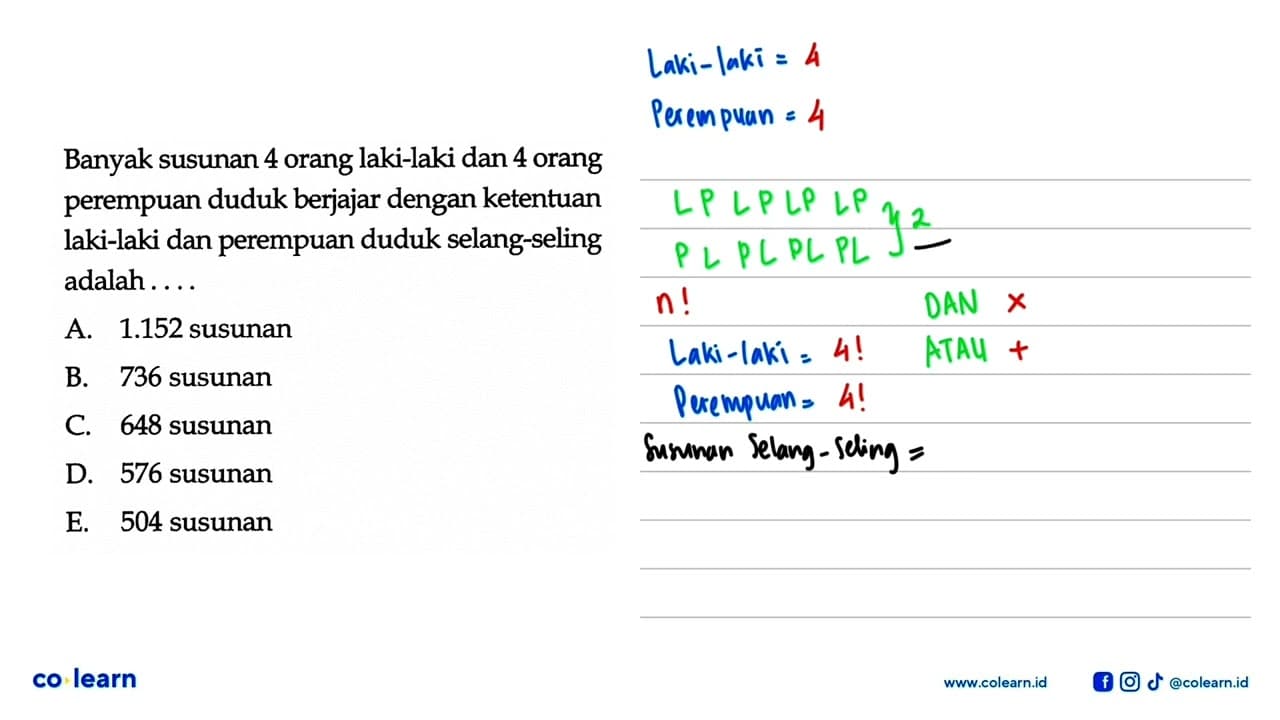 Banyak susunan 4 orang laki-laki dan 4 orang perempuan