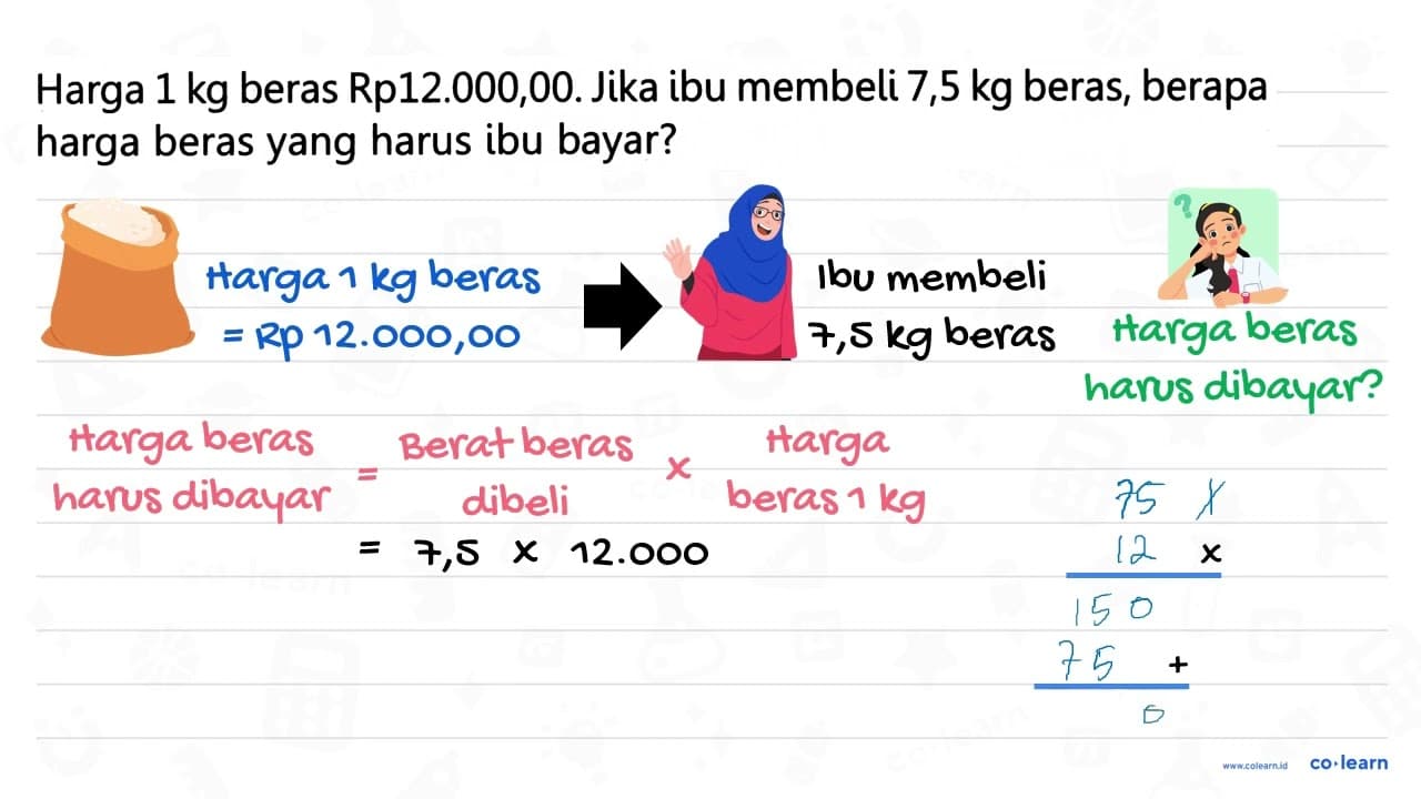 Harga 1 kg beras Rp12.000,00. Jika ibu membeli 7,5 kg