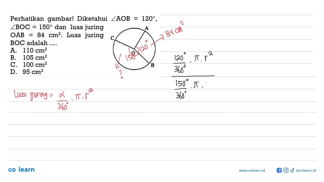 Perhatikan gambar! Diketahui sudut AOB=120, sudut BOC=150