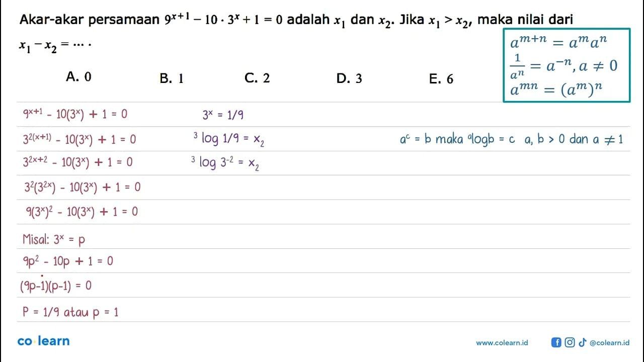 Akar-akar persamaan 9^(x+1)-10.3^x+1=0 adalah x1 dan x2.