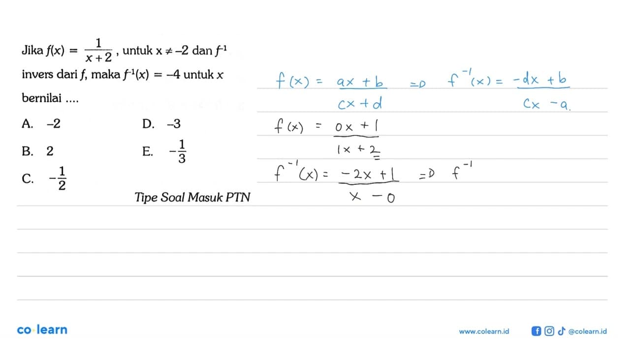 Jika f(x)=1/(x+2), untuk x=/=-2 dan f^(-1) invers dari f ,