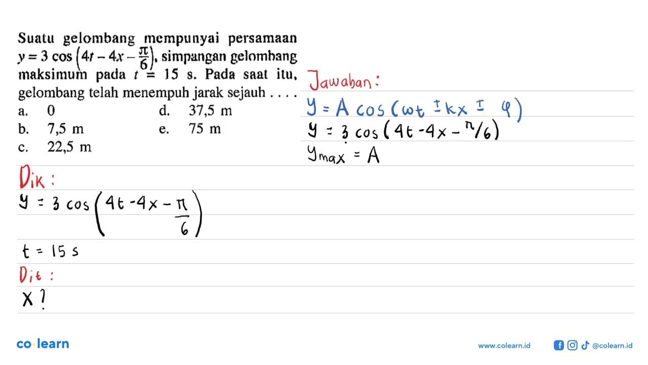 Suatu gelombang mempunyai persamaan y=3 cos (4t-4x-pi/6),