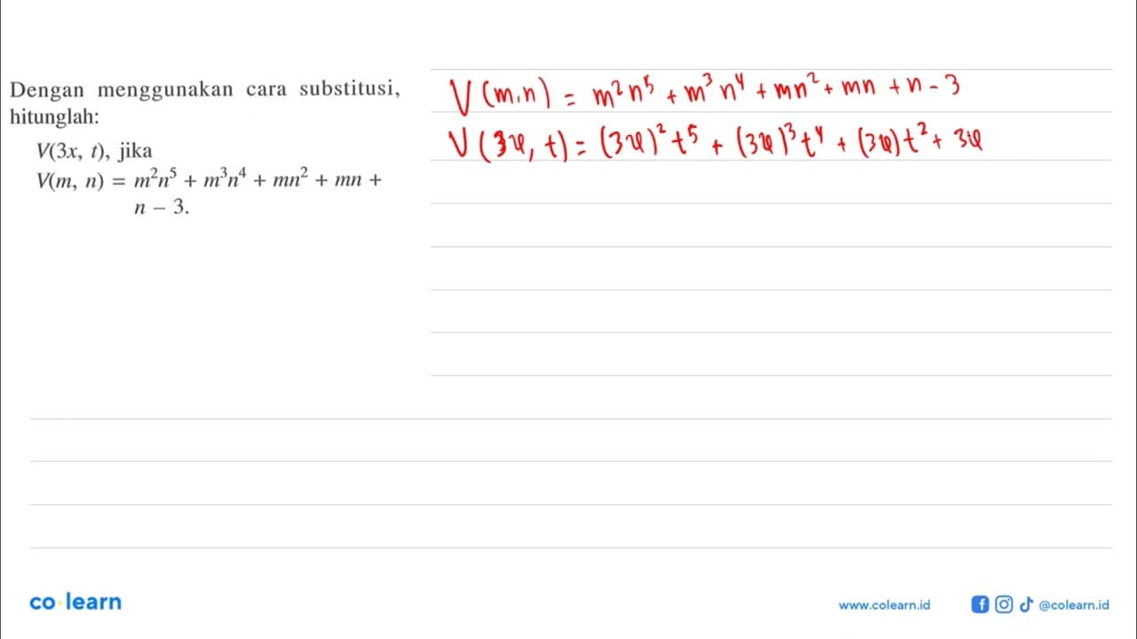 Dengan menggunakan cara substitusi, hitunglah: V(3x,t),
