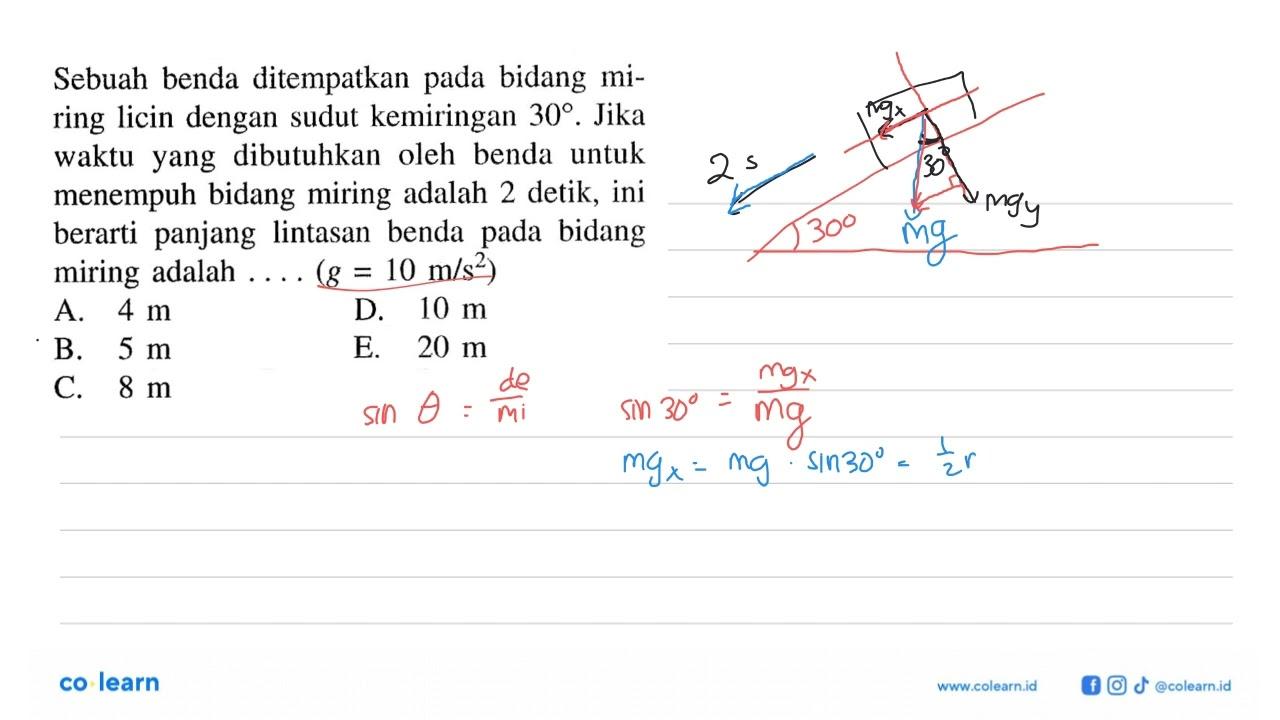 Sebuah benda ditempatkan pada bidang miring licin dengan