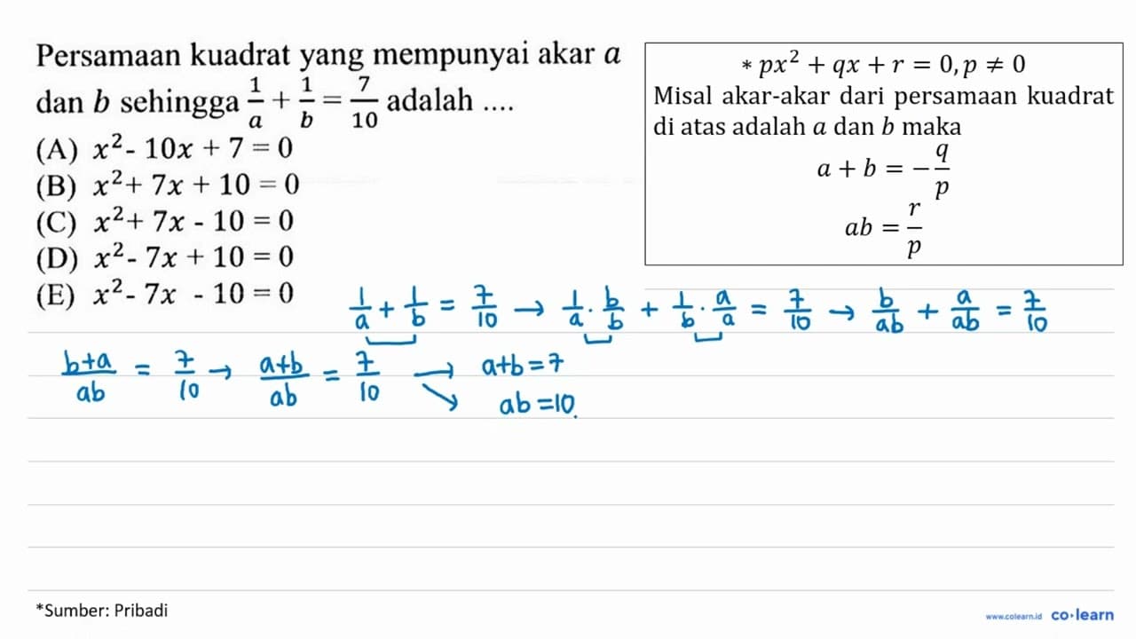 Persamaan kuadrat yang mempunyai akar a dan b sehingga