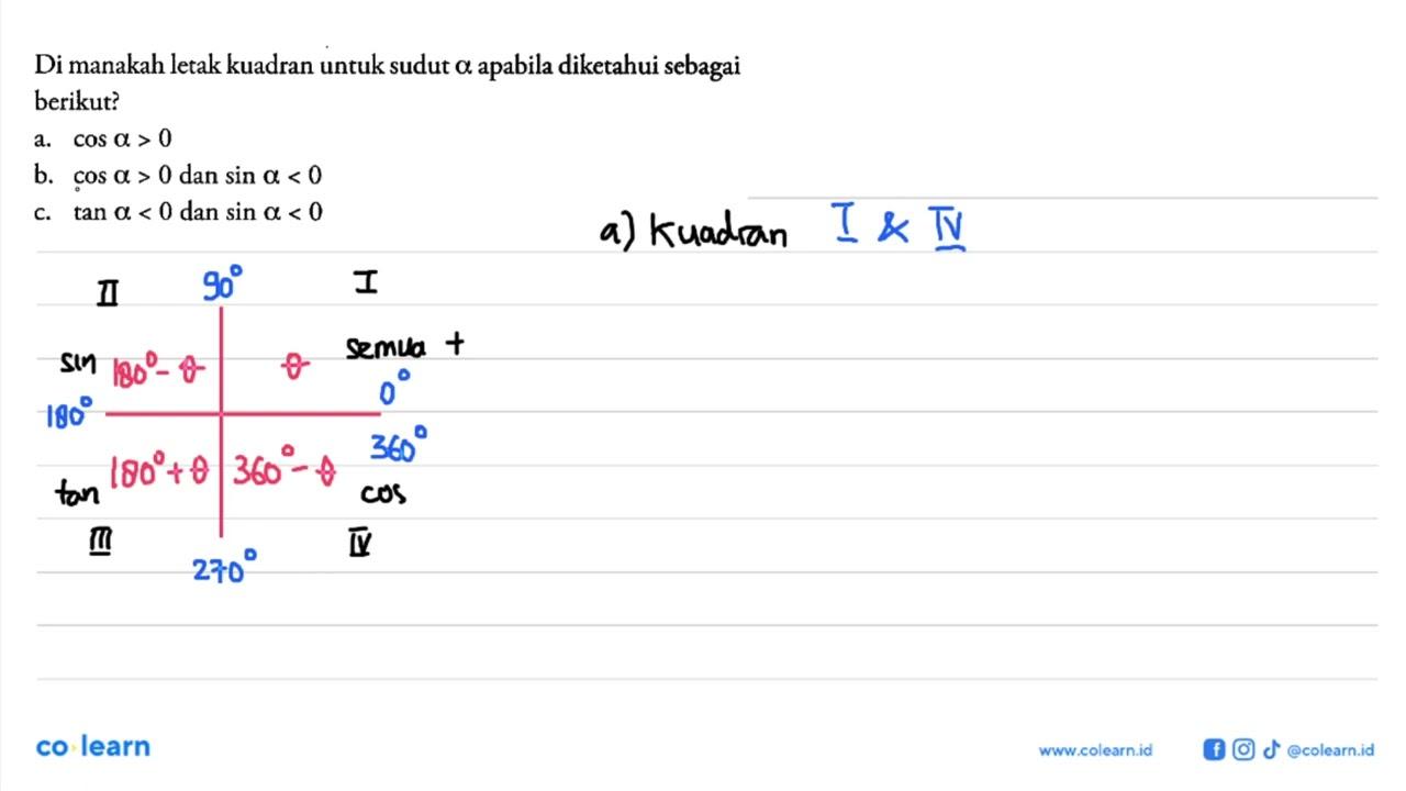 Di manakah letak kuadran untuk sudut a apabila diketahui