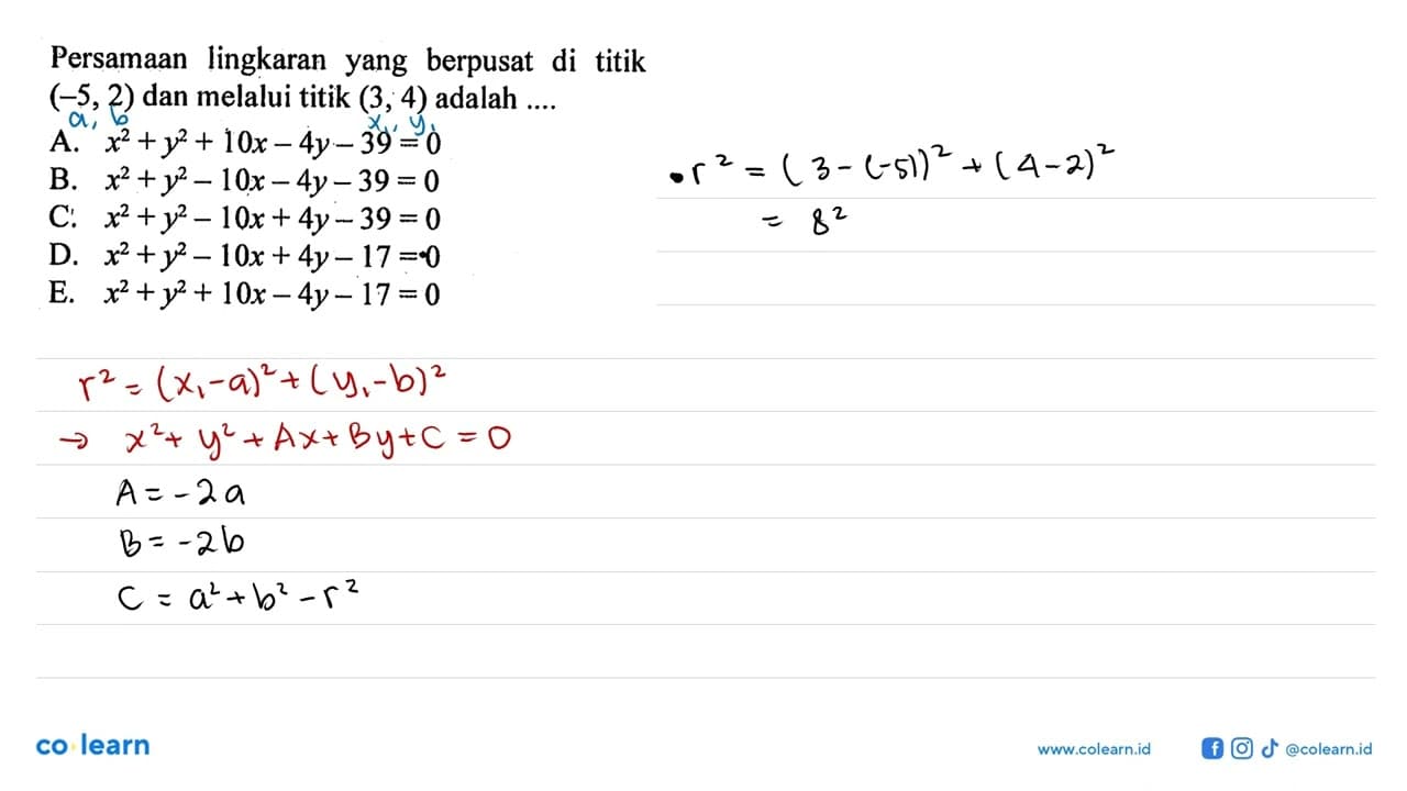 ersamaan lingkaran yang berpusat di titik (-5,2) dan