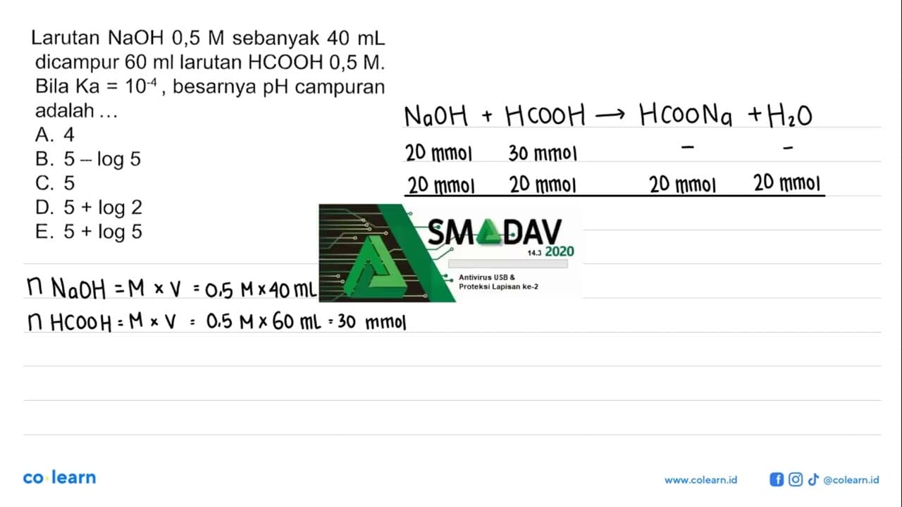 Larutan NaOH 0,5 M sebanyak 40 mL dicampur 60 ml larutan