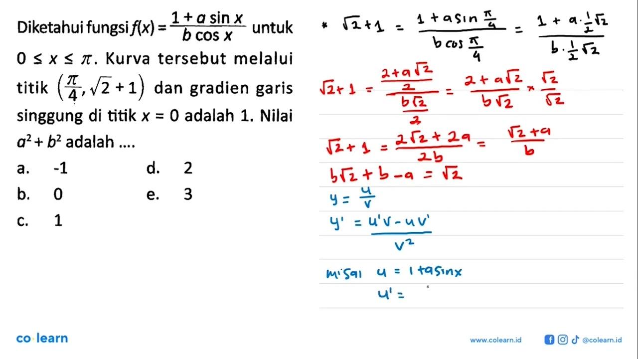 Diketahui fungsi f(x) = (1 + a sin x)/(b cos x) untuk 0 <=