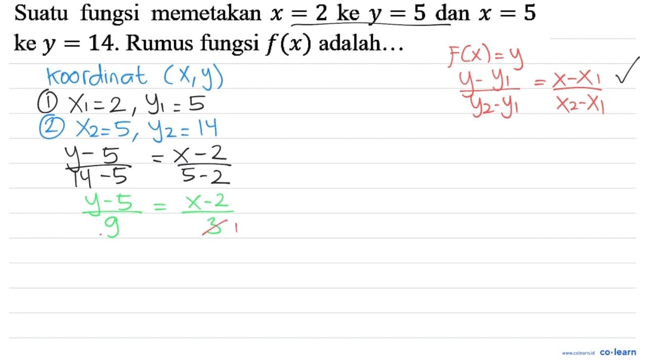 Suatu fungsi memetakan x=2 ke y=5 dan x=5 ke y=14 . Rumus