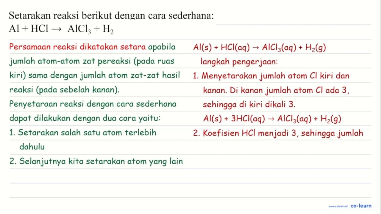 Setarakan reaksi berikut dengan cara sederhana: Al+HCl ->