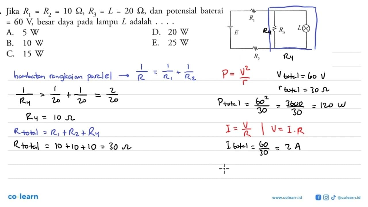 Jika R1=R2=10 Ohm, R3=L=20 Ohm, dan potensial baterai =60
