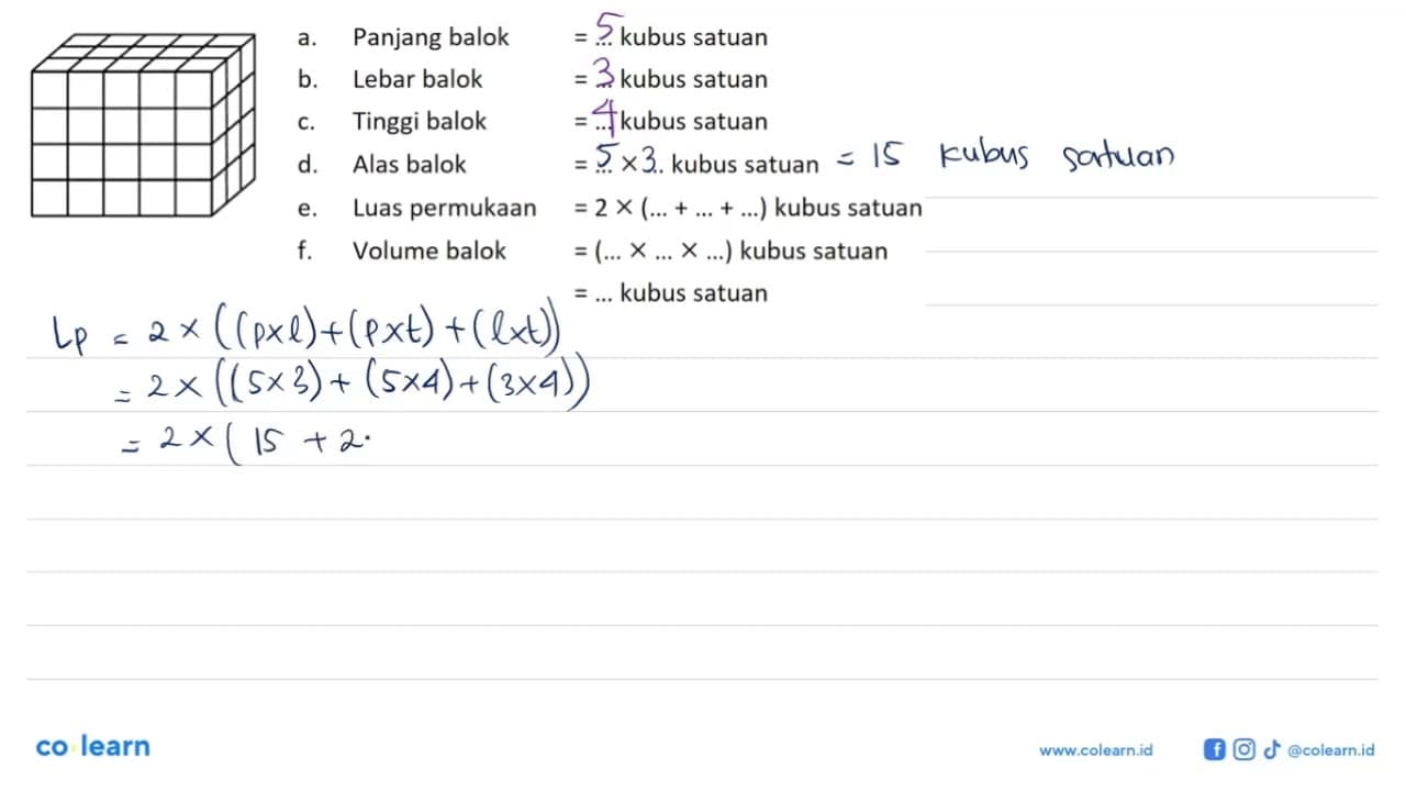 a. Panjang balok =... kubus satuan b. Lebar balok =...