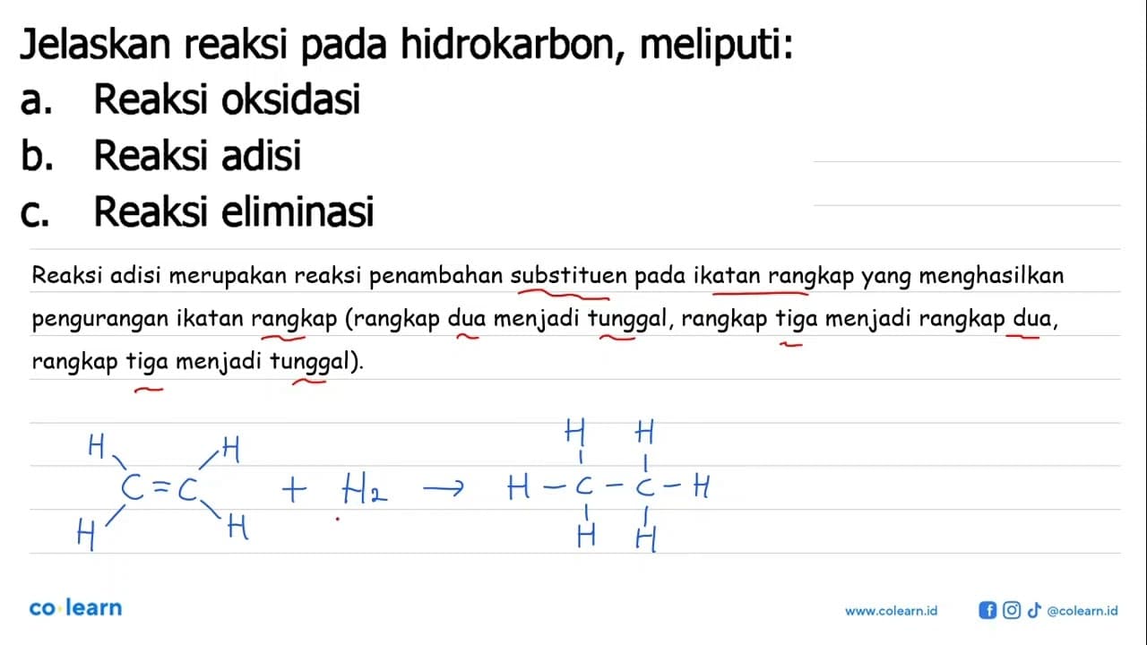 Jelaskan reaksi pada hidrokarbon, meliputi: a. Reaksi