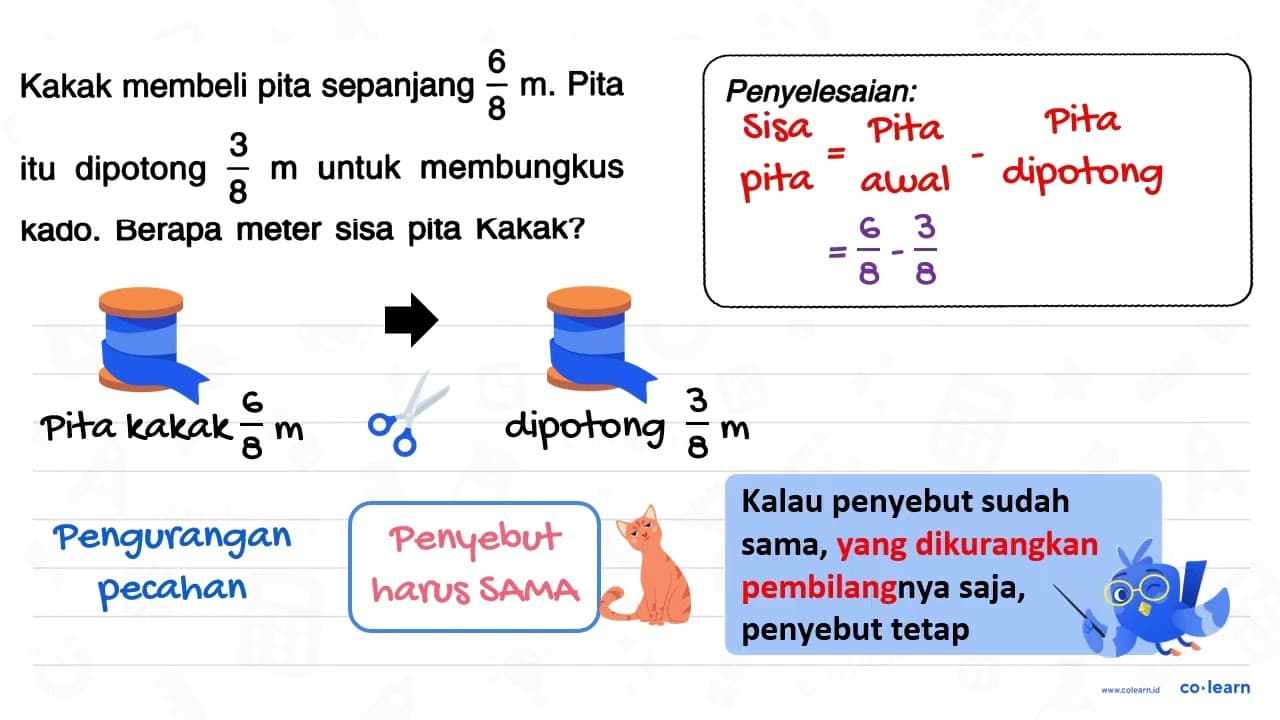 Kakak membeli pita sepanjang (6)/(8) m . Pita itu dipotong